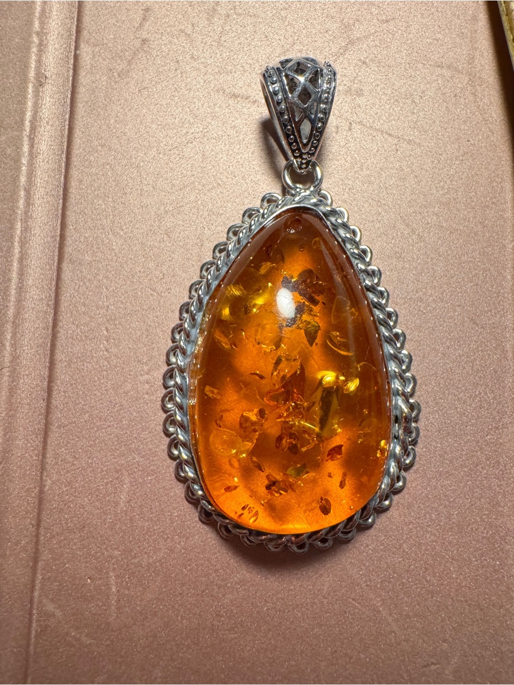925 Sterling Silver Large Amber Teardrop Pendant Necklace - Golden Amber